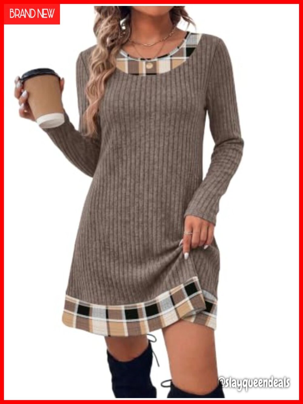 OFEEFAN Women Long Sleeve Ribbed Knit Sweater Dress Crew Neck Fall Casual